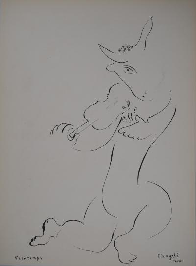 Marc CHAGALL : Printemps, Chèvre musicienne et femme au bouquet, Lithographie signée 2