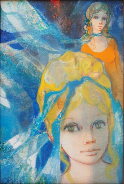 Jean-Baptiste VALADIE : Jeunes filles au ruban, 1975 - Huile sur toile Signée 2
