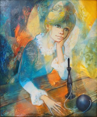 Jean-Baptiste VALADIE : Méditation, La jeune fille au bilboquet, 1975 - Huile sur toile Signée 2