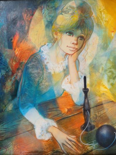 Jean-Baptiste VALADIE : Méditation, La jeune fille au bilboquet, 1975 - Huile sur toile Signée 2