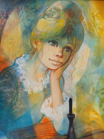 Jean-Baptiste VALADIE : Méditation, La jeune fille au bilboquet, 1975 - Huile sur toile Signée 2