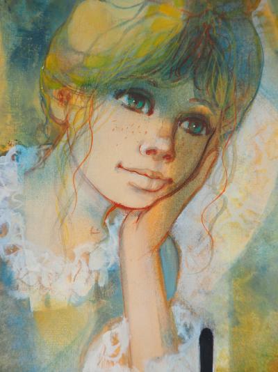 Jean-Baptiste VALADIE : Méditation, La jeune fille au bilboquet, 1975 - Huile sur toile Signée 2