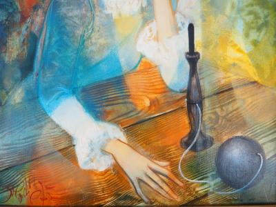 Jean-Baptiste VALADIE : Méditation, La jeune fille au bilboquet, 1975 - Huile sur toile Signée 2