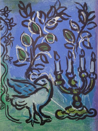 Marc CHAGALL : Colombe et chandelier Menorah, Lithographie originale