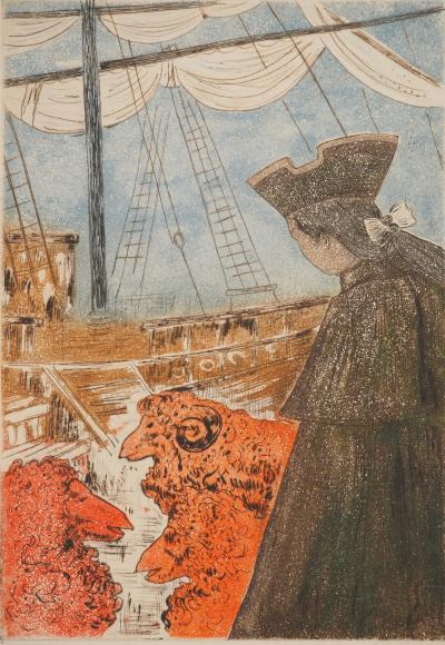 Alain BONNEFOIT : Au port, Embarquement sur un voilier, Gravure originale signée 2