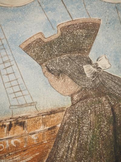 Alain BONNEFOIT : Au port, Embarquement sur un voilier, Gravure originale signée 2