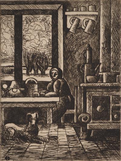 Marcel GROMAIRE: Country house, the kitchen, Original signed engraving 2