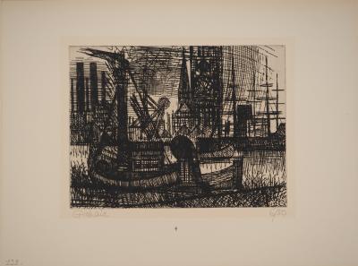 Marcel GROMAIRE : Bateaux et voiliers au port, Gravure originale signée 2