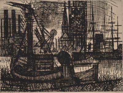 Marcel GROMAIRE : Bateaux et voiliers au port, Gravure originale signée 2