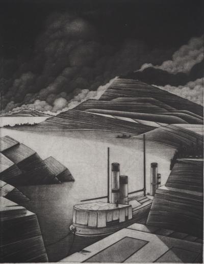 Michel ESTEBE : Chalutier à quai, Gravure originale signée 2