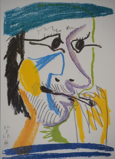 Pablo PICASSO: Picasso mit einer Zigarette, Originales Vintage-Plakat signiert 2