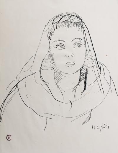 Henriette GRÖLL - Portrait, 1953 - Dessin original signé 2