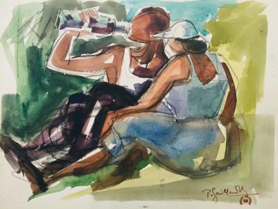 Pierre GAILLARDOT - Partie de campagne, 1954 - Aquarelle signée 2
