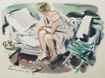 Paul PERRAUDIN - Au réveil, 1954 - Aquarelle signée 2