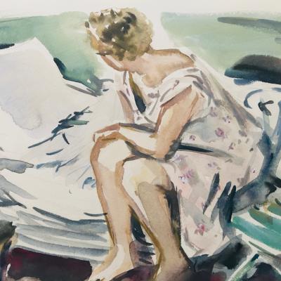 Paul PERRAUDIN - Au réveil, 1954 - Aquarelle signée 2