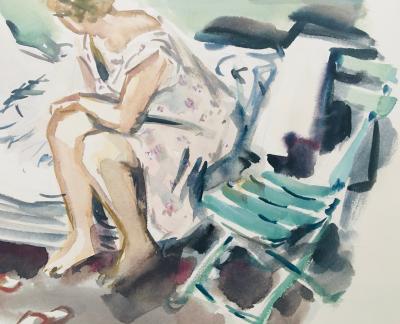 Paul PERRAUDIN - Au réveil, 1954 - Aquarelle signée 2