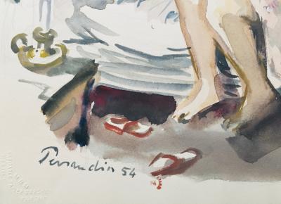 Paul PERRAUDIN - Au réveil, 1954 - Aquarelle signée 2