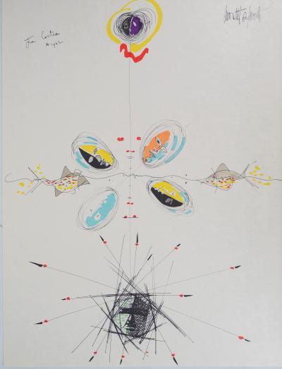 Raymond MORETTI et Jean COCTEAU : Visages et poissons, Lithographie originale signée 2