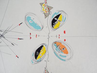 Raymond MORETTI et Jean COCTEAU : Visages et poissons, Lithographie originale signée 2