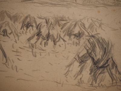 Maximilien LUCE : Paysage à la ferme et aux foins, Dessin original signé 2