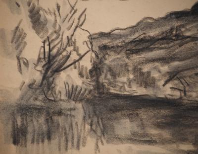 Maximilien LUCE : L’automne au bord du lac, Dessin original signé 2