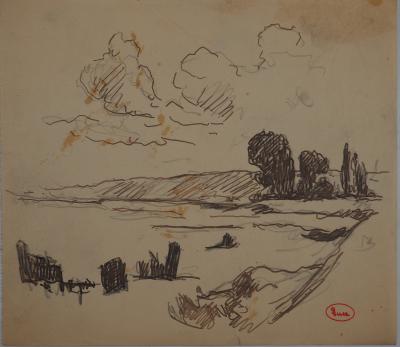 Maximilien LUCE : Paysage à la colline, Dessin original signé 2