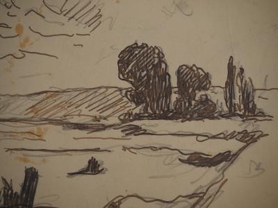 Maximilien LUCE : Paysage à la colline, Dessin original signé 2