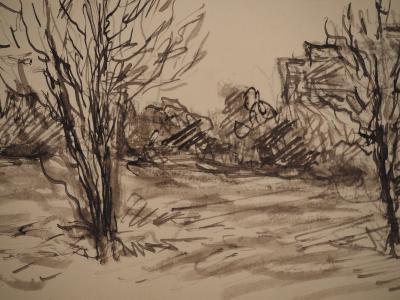 Maximilien LUCE : Paysage d'hiver, Dessin original signé 2