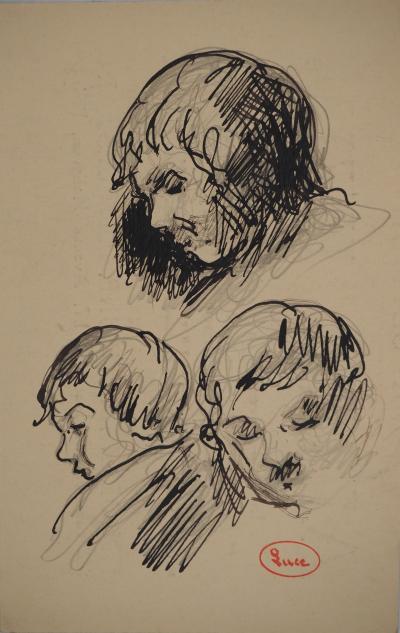 Maximilien LUCE : Trois études visage, Dessin original signé 2