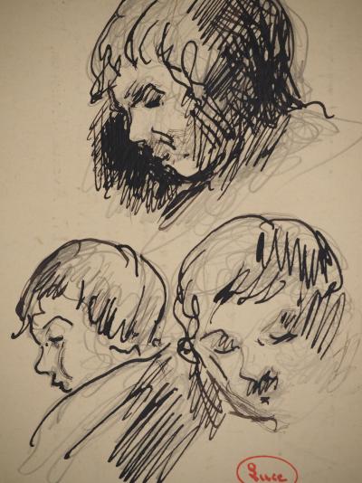 Maximilien LUCE : Trois études visage, Dessin original signé 2