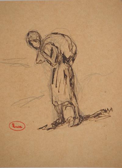 Maximilien LUCE : Femme au baluchon, Dessin original signé 2