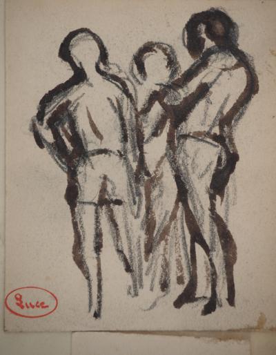 Maximilien LUCE : Les trois amis, Dessin original signé 2