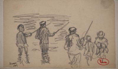 Maximilien LUCE : La pêche à Meaux, Dessin original signé 2