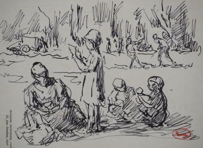 Maximilien LUCE : Famille au parc, Dessin original signé 2