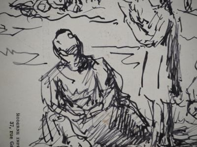 Maximilien LUCE : Famille au parc, Dessin original signé 2