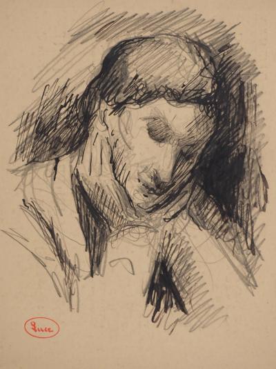 Maximilien LUCE : Lecture nocturne, Dessin original signé 2