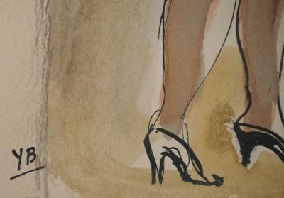 Yves BRAYER : Modèle nu préparant une toile, Aquarelle originale signée 2