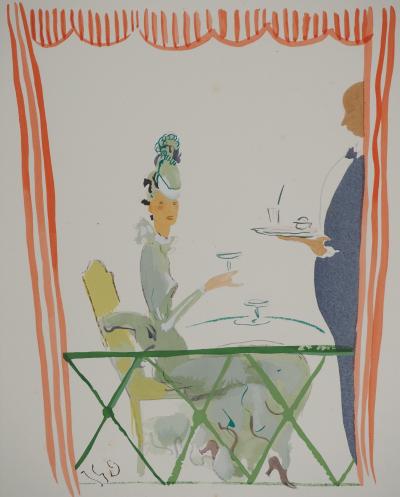 Jean-Gabriel DOMERGUE : Apéritif en terrasse, Lithographie et pochoir signée 2