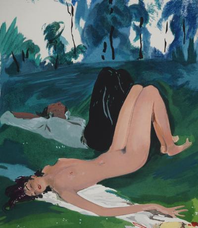 Jean-Gabriel DOMERGUE : Après-midi au parc, Lithographie et pochoir signée 2