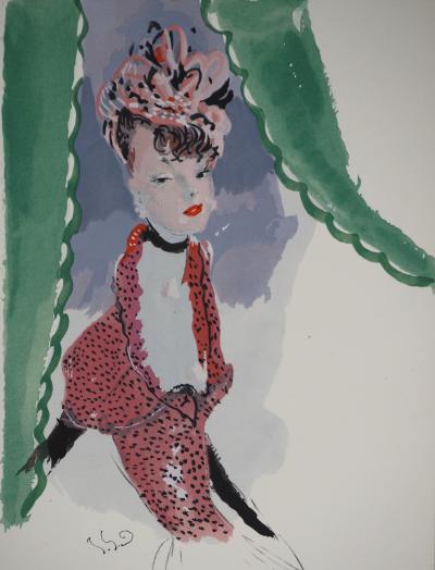 Jean-Gabriel DOMERGUE : L'élégante au bibi rose, Lithographie et pochoir signée 2