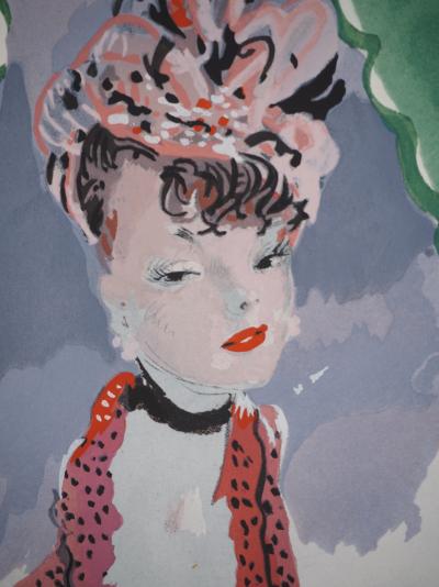 Jean-Gabriel DOMERGUE : L'élégante au bibi rose, Lithographie et pochoir signée 2