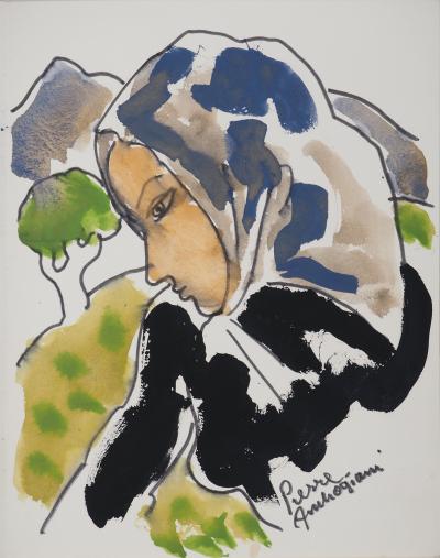 Pierre AMBROGIANI : La paysanne, Aquarelle originale signée 2