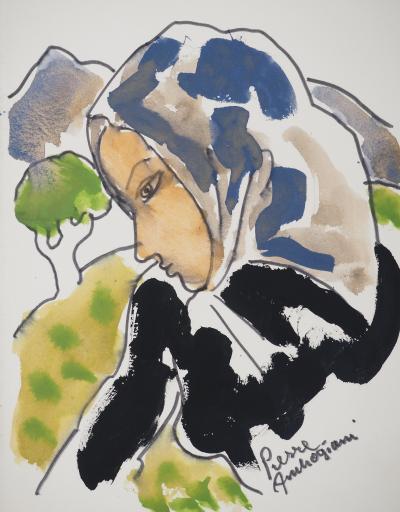 Pierre AMBROGIANI : La paysanne, Aquarelle originale signée 2