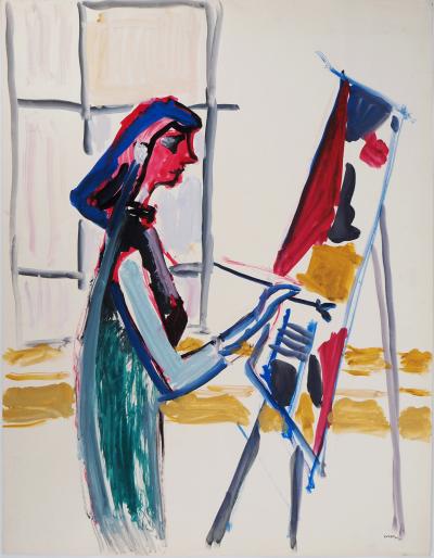 Jacques SOISSON : Peintre dans l’atelier, Acrylique sur papier signée
