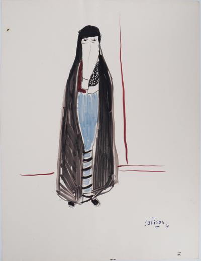 Jacques SOISSON : Femme au voile noir, Acrylique sur papier signée 2