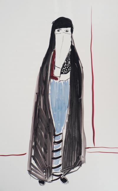 Jacques SOISSON : Femme au voile noir, Acrylique sur papier signée 2