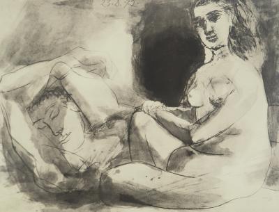 Pablo PICASSO : Femme contemplant son amant endormi, Lithographie et pochoir 2