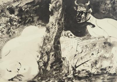 Pablo PICASSO : La jeune fille endormie et le faune, Lithographie et pochoir 2