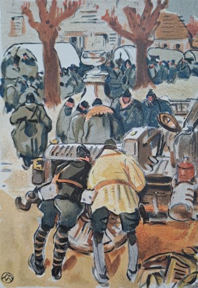 Mathurin Méheut - Les mécaniciens sur la place du village - lithographie signée 2