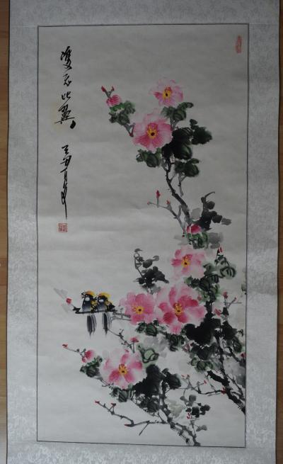Chine - Paire de canards mandarins, perchés  sur une branche - Peinture à l’encre 2
